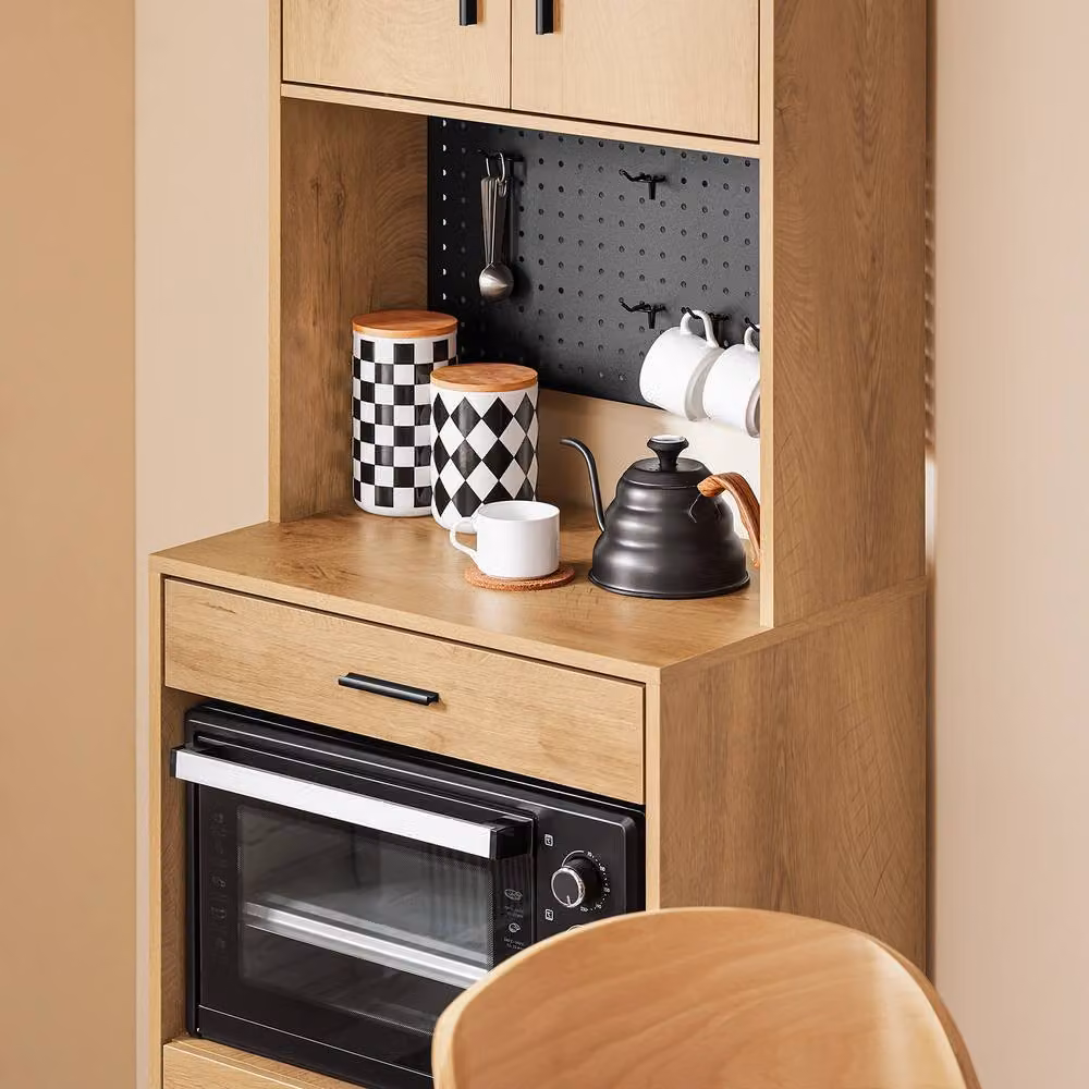 SoBuy Modern Space-Saving Kitchen Sideboard with Pegboard Back in Light Oak – 3