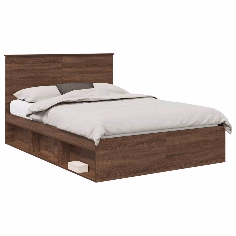 Berkfield Home Modern Bed Frame with Headboard in Brown Oak and Solid Pine Wood, W/D/H: 140 x 200 cm – 2