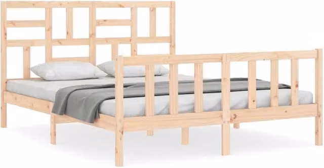 Berkfield Home Solid Pine Bed Frame with Headboard in Beige, W: 160 cm, L: 200 cm – 1