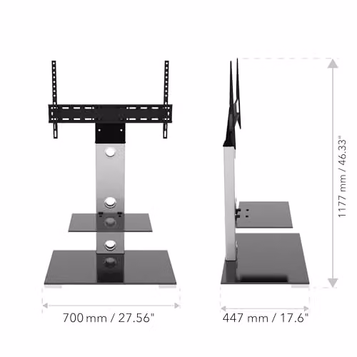 AVF Column TV Floor Stand with Silver Column and Gloss Black Safety Glass Shelves, Compatible with TVs up to 65 inches and 40kg – 3