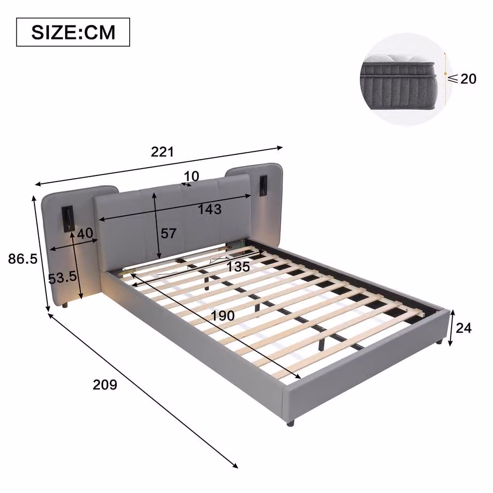 BTM Grey Upholstered PU Leather Double Bed with USB Charging Port and Under-Bed Lighting, W/D/H: 140 x 190 x 86.5 cm – 4