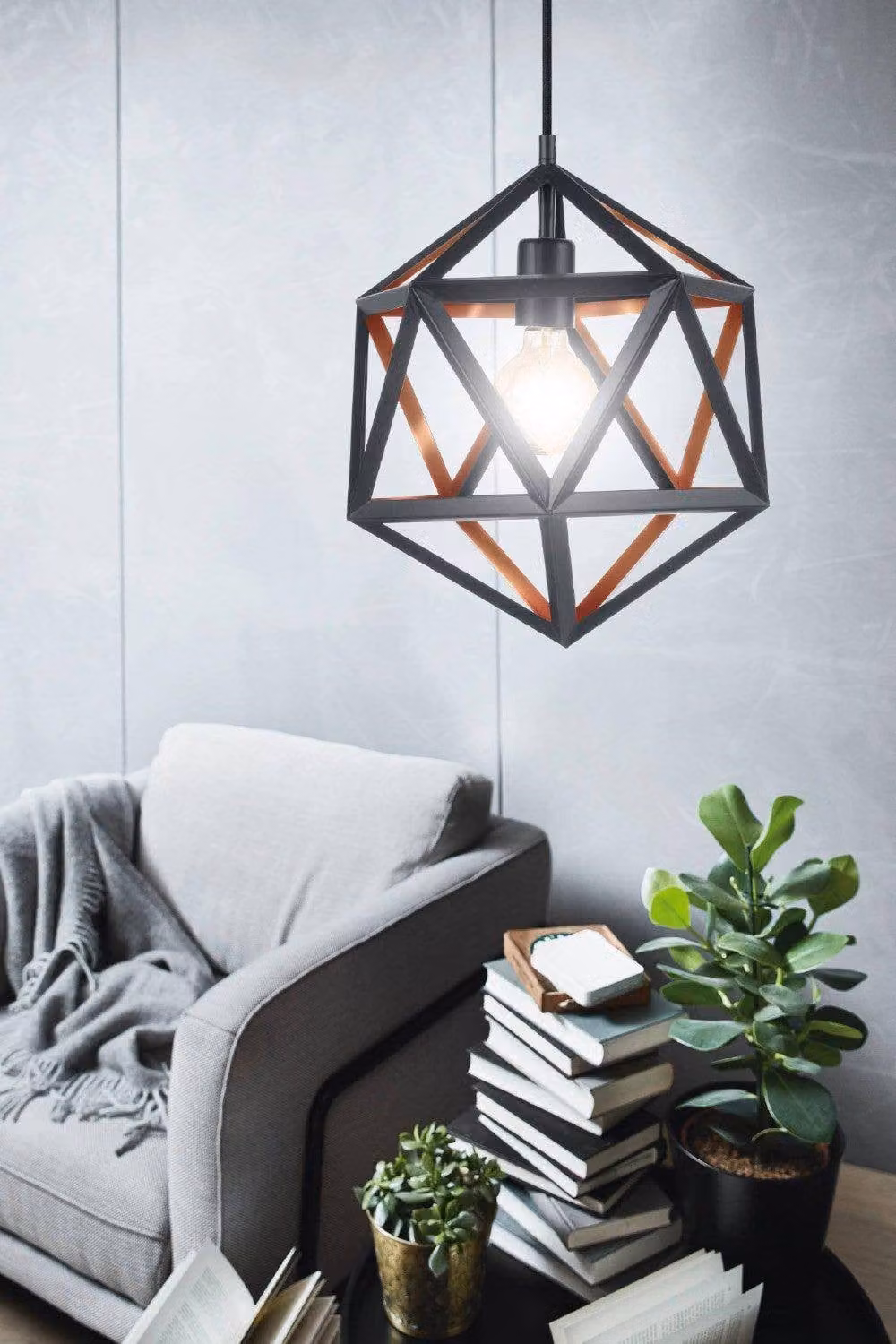 Eglo Embleton 1 Retro Suspended Pendant Light in Copper and Black Metal with E27 Socket – 2
