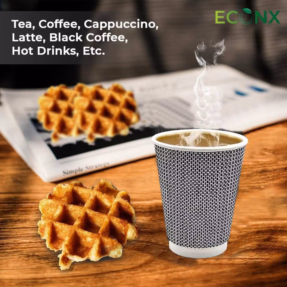 ECONX 12oz Black 3PLY Kraft Ripple Disposable Coffee Paper Cups, 100 Pieces – 6