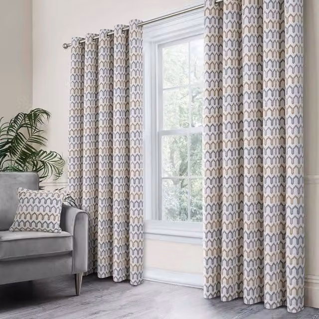 Curtina Arcadia Woven Jacquard Eyelet Curtains in Beige Chenille