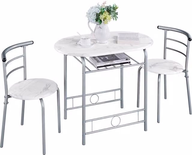 Yaheetech Modern White Round Dining Table Set with Storage Rack, Diameter: 90 cm
