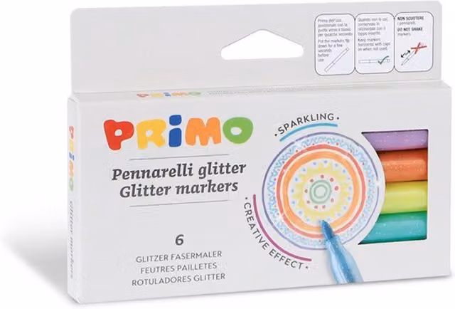 Primo Glitter Fibre-Tip Pens, 6 Multicolour Fine Nib Ink Pens