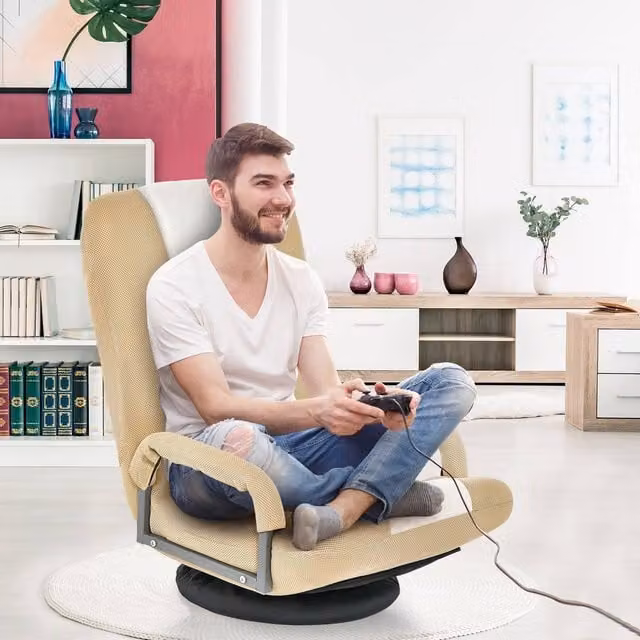 Costway Folding Floor Gaming Chair with 6-Position Adjustable Backrest in Beige Multicolour Fabric – 1