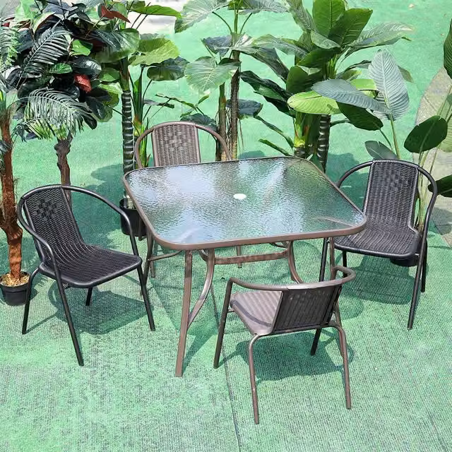 Living and Home Baldwin 4 Seater Dining Set in Brown with Glass, Rattan and Steel – 1