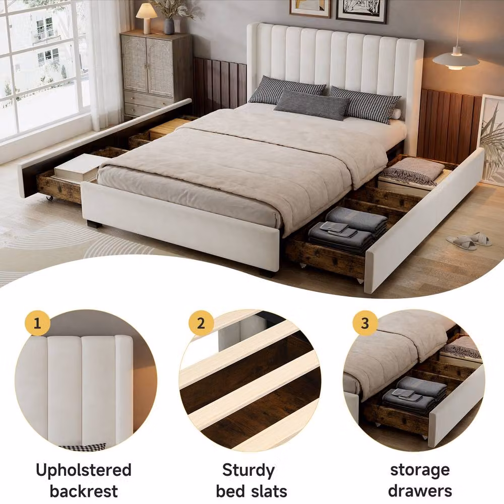 Matteo Velvet Upholstered Double Bed Frame with Drawers, Beige, W/D/H: 140 x 200 cm – 3