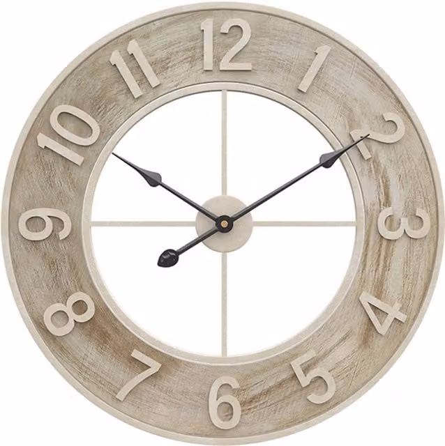 Livingandhome Round Rustic Analog Wall Clock in Brown and Beige Wood and Metal