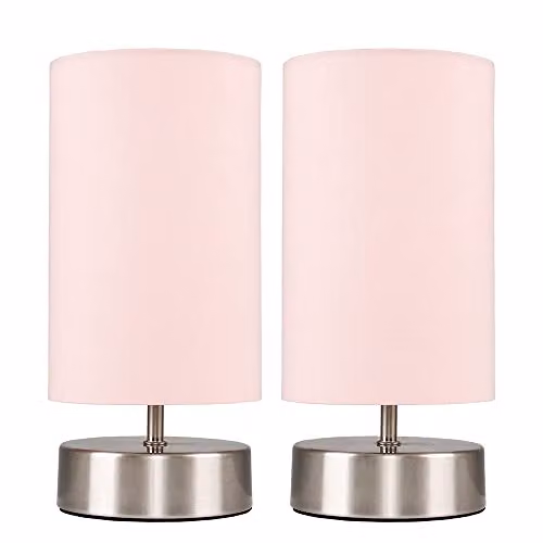 ValueLights Francis Dimmable Touch Table Lamps in Brushed Chrome and Pink, Set of 2 – 1
