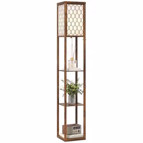 HOMCOM Rustic Brown Floor Lamp with 3 Wood Shelves and Fabric Lampshade – 1