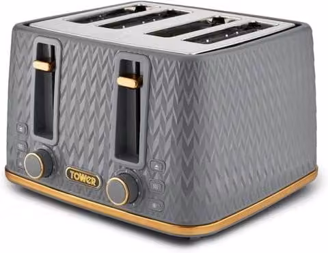 Tower Empire Range 4 Slice Toaster, 1600W, Grey and Brass