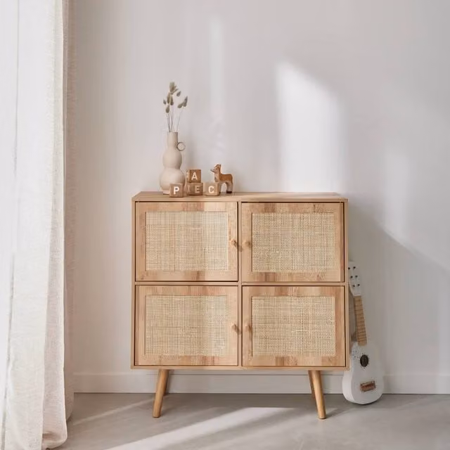 Sweek 4-Door Light Brown Wood Effect Chest of Drawers with Rattan Detail – 1