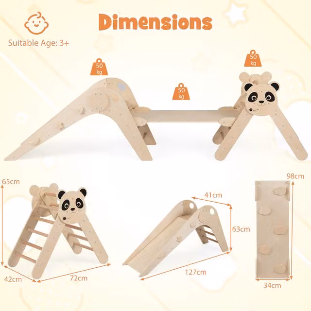 Costway Panda-Themed Montessori Wood Climbing Set in Brown and Beige