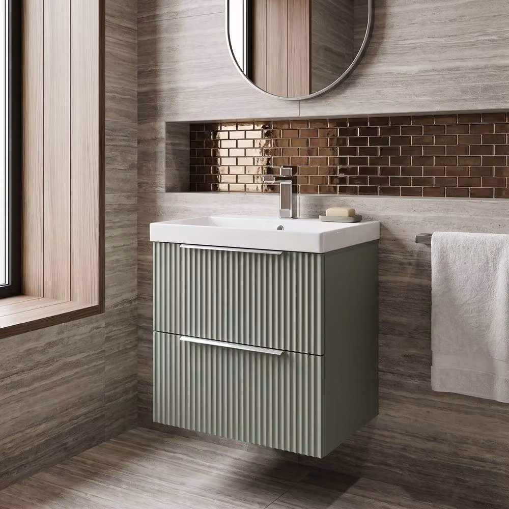 Balterley Tixall Fluted 2 Drawer Wall Hung Vanity Basin Unit, Satin Green, Width: 50 cm – 2