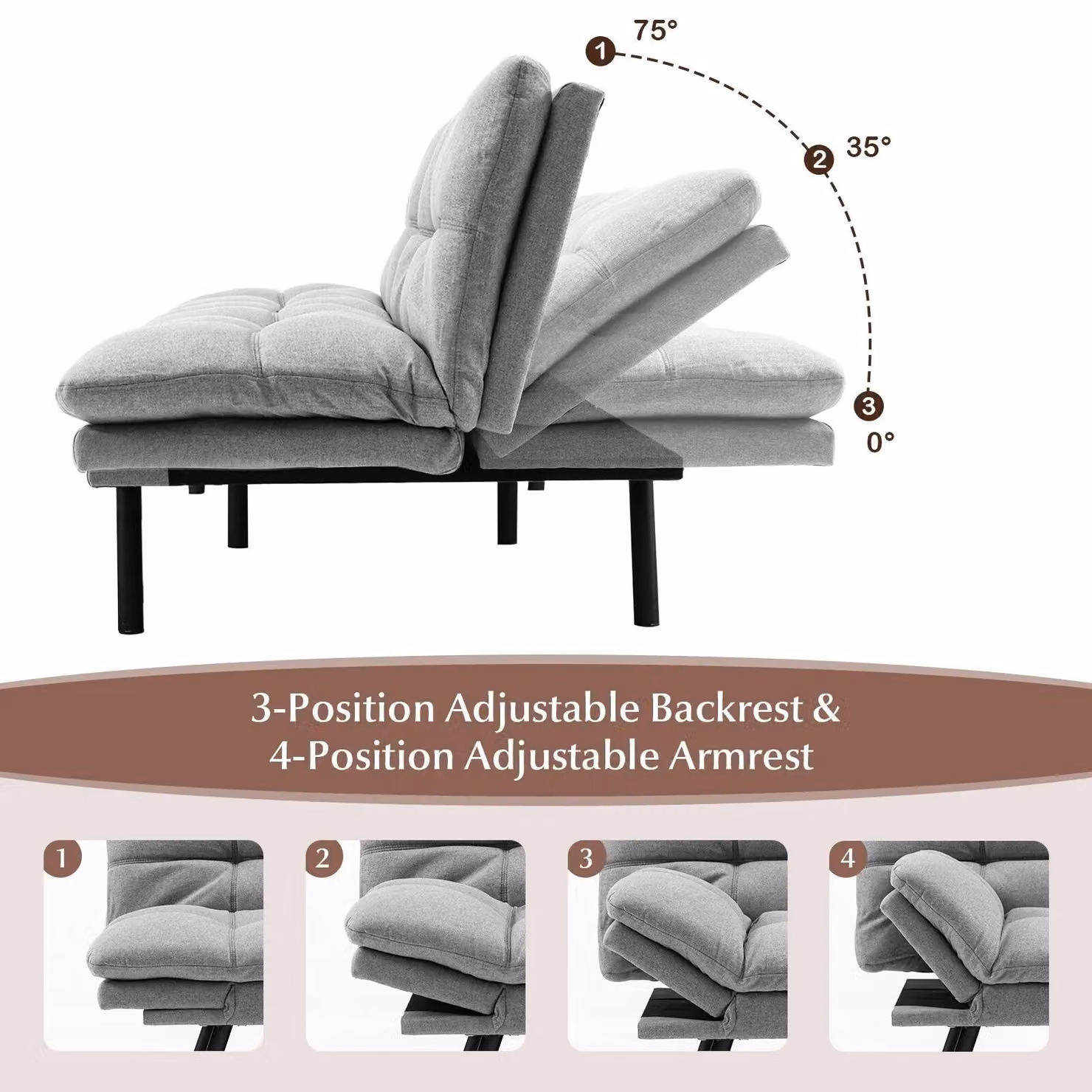 Costway 2 Seat Convertible Loveseat Sofa Bed with Memory Foam Sleeper in Grey – 5