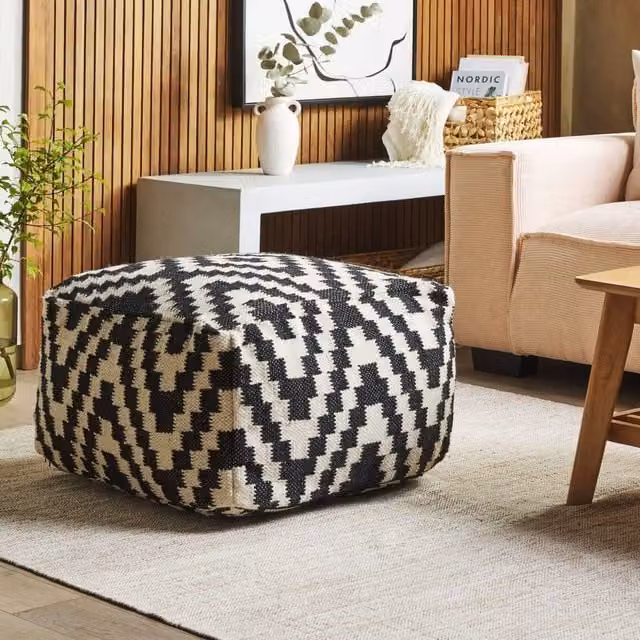 Wyld and Coco Geometric Wool Pouffe Ottoman in Black and White, W/D/H: 56 x 56 x 32 cm