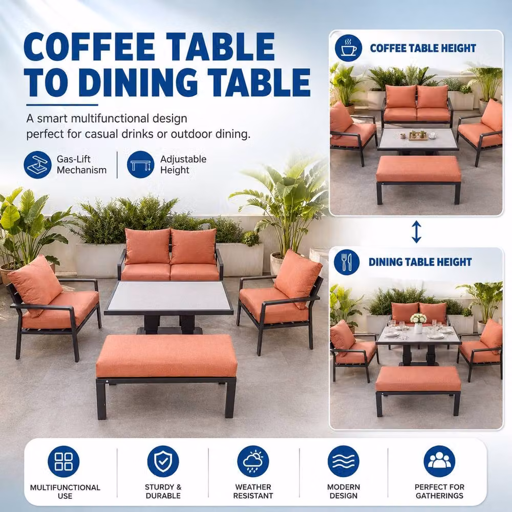 Shatchi 4 Seater Aluminium Garden Sofa Set with Gas Lift Table and Terracotta Cushions – 5