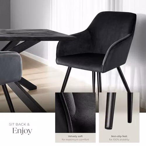 tectake Set of 2 Black Velvet Dining Chairs with Armrests and Metal Legs – 5