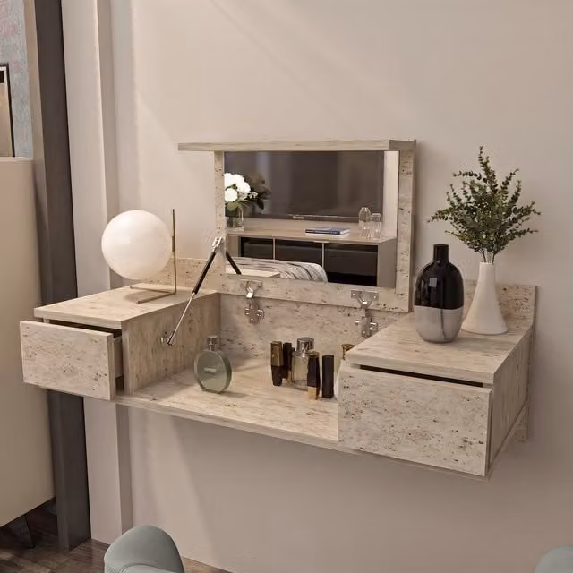 Decorotika Zenn Modern Make-up Table with Wall Mountable Design in Beige and Yellow Travertine Style