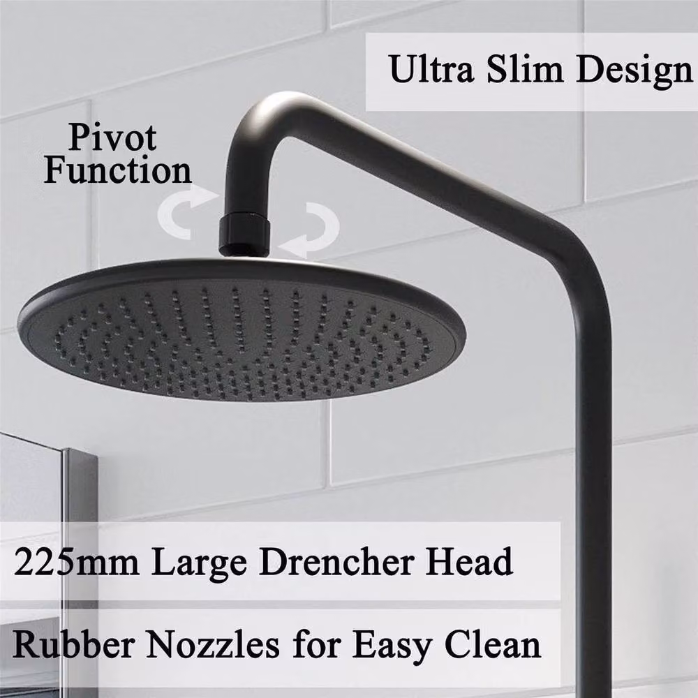KORVIXA Matt Black Exposed Thermostatic Mixer Shower Set with Overhead Shower, Hand Shower and Rigid Column, H: 120 cm, W: 52 cm – 3