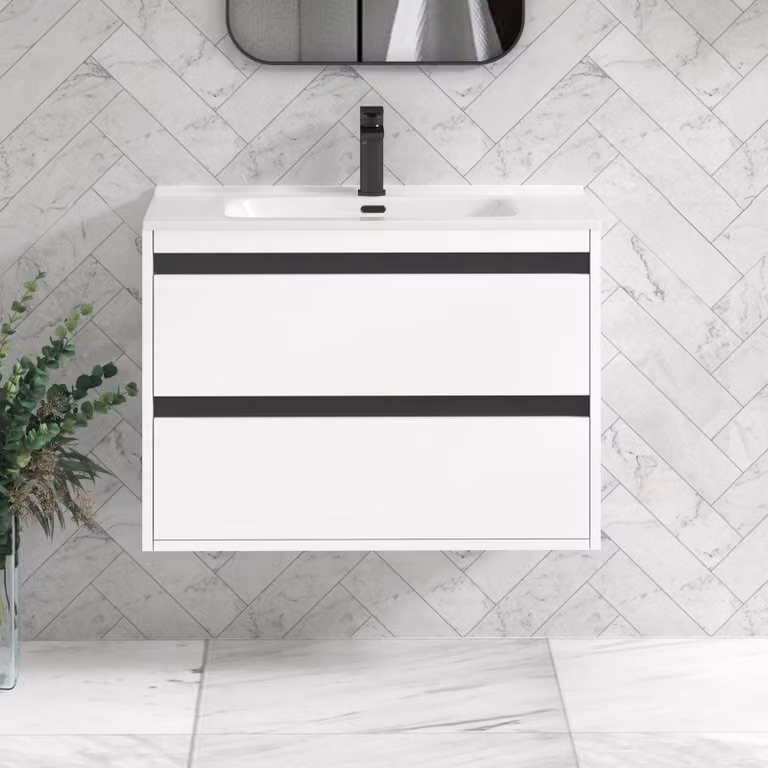 Royal Bathrooms Orion 800mm Matt White 2 Drawer Wall Hung Vanity Unit with Ceramic Basin and Black Accent Trim