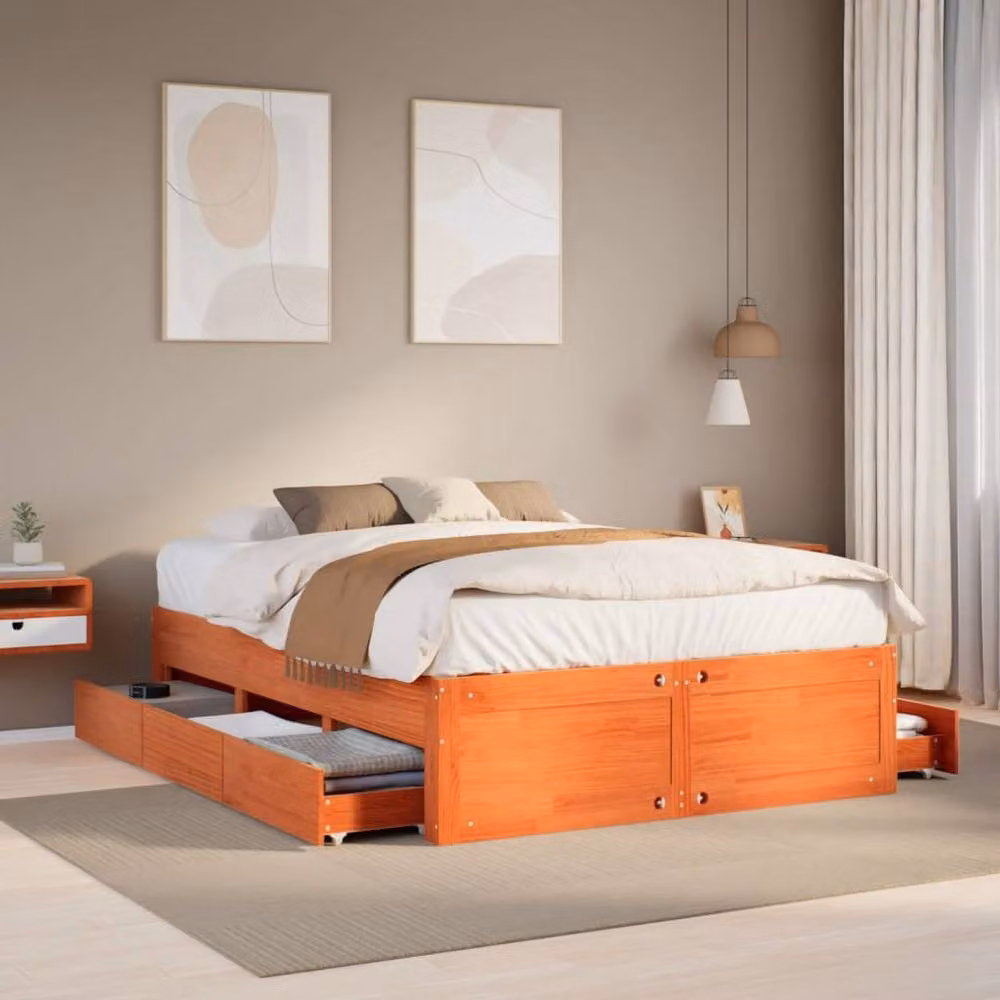 Berkfield Home Rustic Solid Wood Pine Bed Frame with Drawers, Wax Brown, W: 140 cm, L: 190 cm – 2