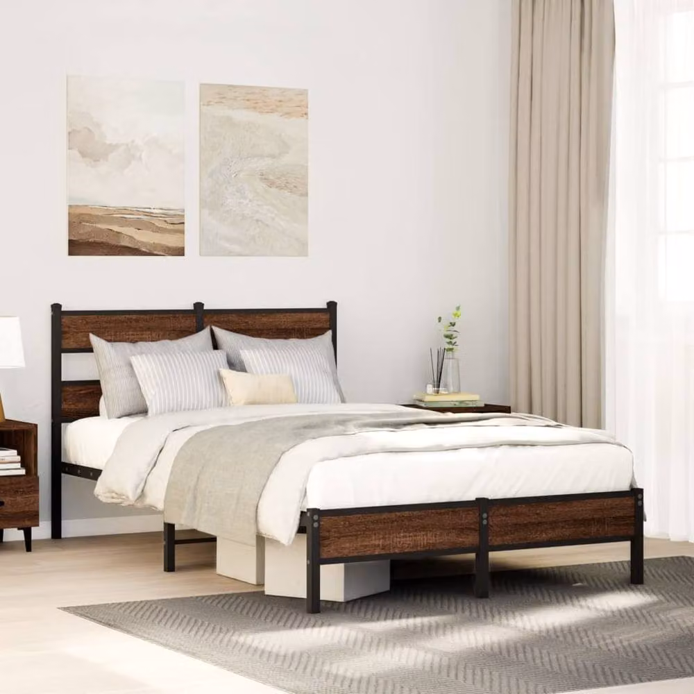 Berkfield Home Elegant Small Double Bed Frame in Brown Oak and Metal, W/D/H: 120 x 190 x 91.5 cm – 2