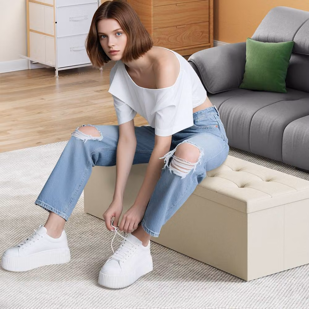 Dprodo Linen Storage Ottoman and Folding Foot Rest Stool in Beige, W/D/H: 76 x 38 x 38 cm – 2
