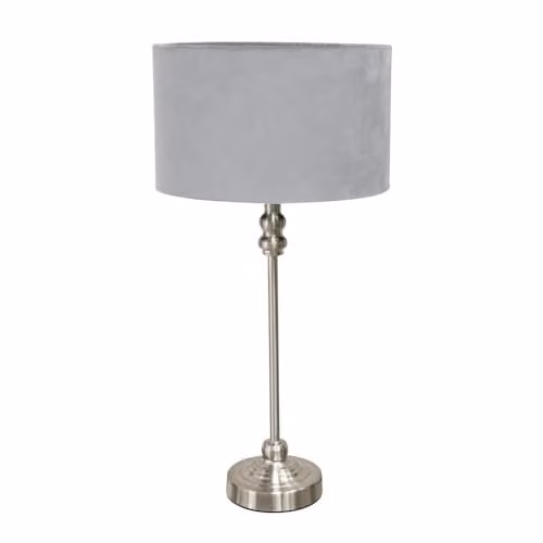 ValueLights Maggie Brushed Chrome Metal Candlestick Table Lamp with Grey Fabric Drum Shade – 1
