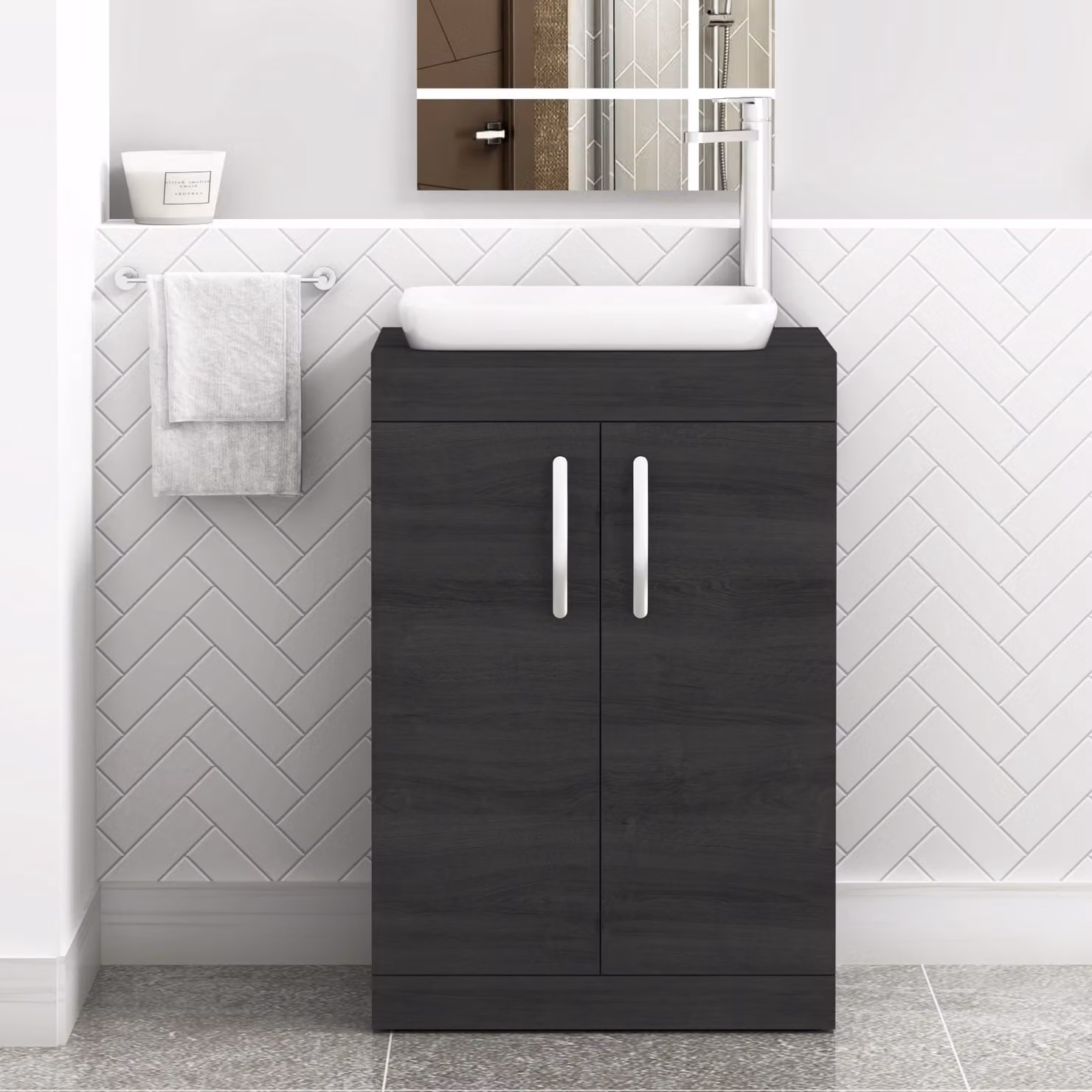Qubix Turin 600mm Floor Standing 2 Door Bathroom Vanity Unit with Countertop Basin in Matt Black