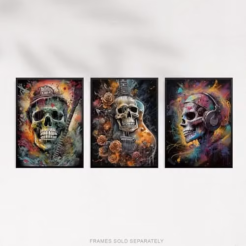 Artery8 Set of 3 Death Metal Music Skull and Guitar Horror Wall Art Prints, Multicolour, W: 21.0 cm, H: 29.7 cm – 4