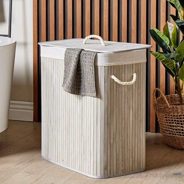 Wyld and Coco Grey Two-Compartment Bamboo Laundry Hamper with Lid and Rope Handles – 1