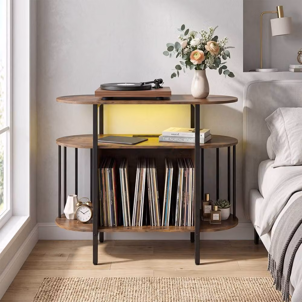 Gymax Large Record Player Stand with LED Lights in Brown – 4