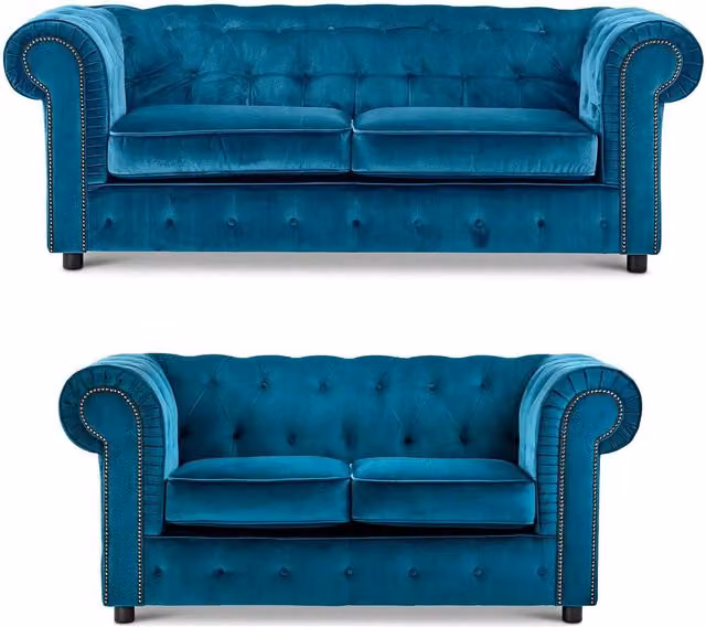 Furnishings For Less UK Ashbourne Chesterfield Velvet Fabric Sofa Suite, 3 Seater and 2 Seater, Indigo Blue