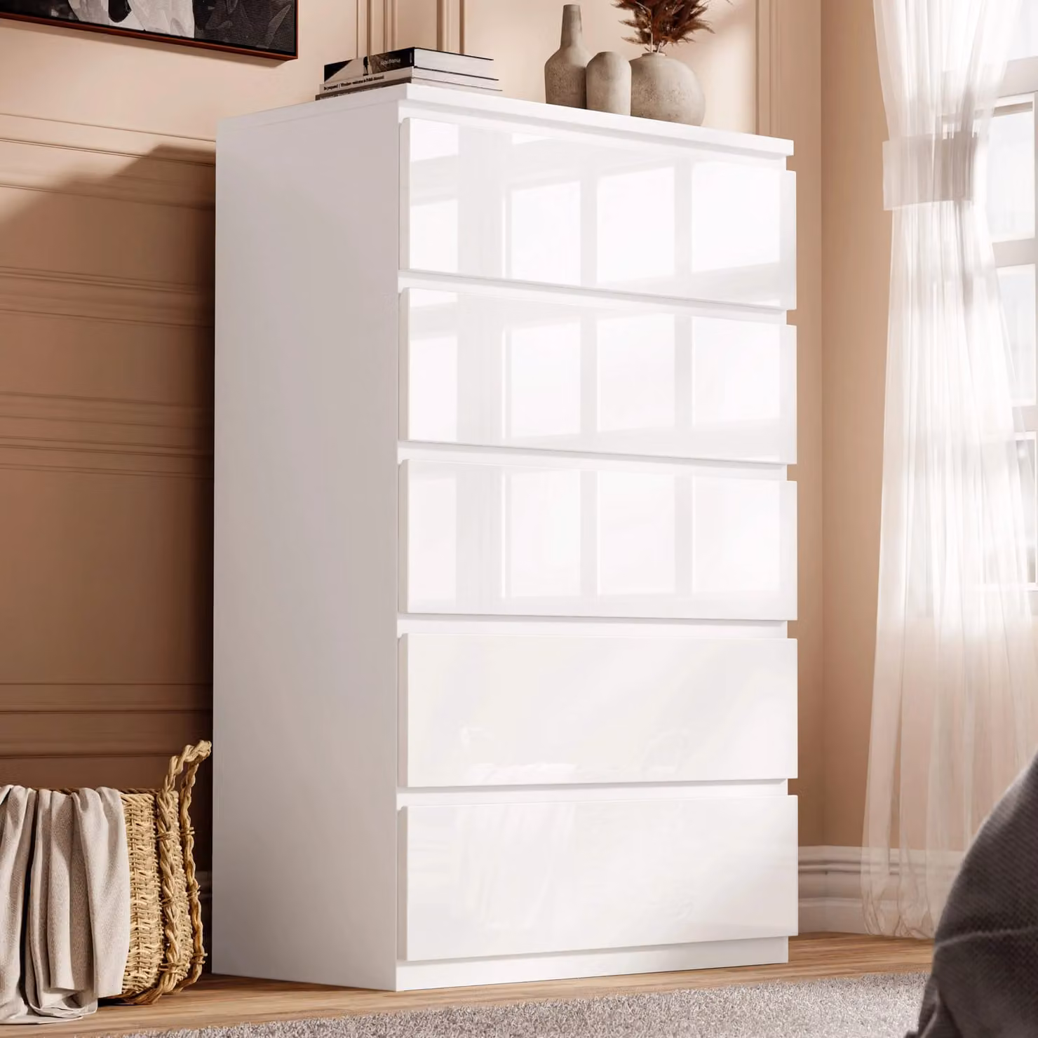 DHS Modern High Gloss White 5 Drawer Tall Chest of Drawers