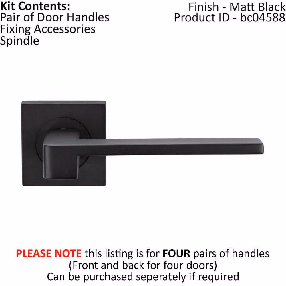 Loops 4x Pair Flat Squared Bar Handles with Square Rose and Concealed Fixings in Matt Black – 2