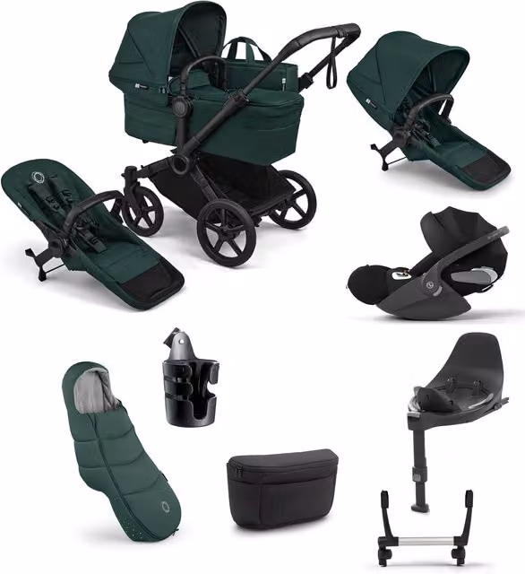 Bugaboo Donkey 6 Double Ultimate Pushchair Bundle in Fern Green with Cybex Cloud T i-Size Rotating Baby Car Seat and Isofix Base