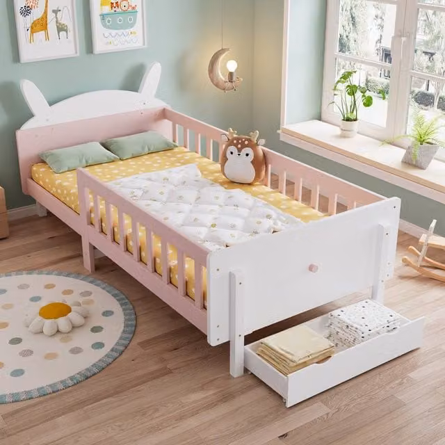 Merax Bunny Ears Childrens Wooden Bed Frame with Drawer, White and Pink, W/D/H: 90 x 190 cm – 1