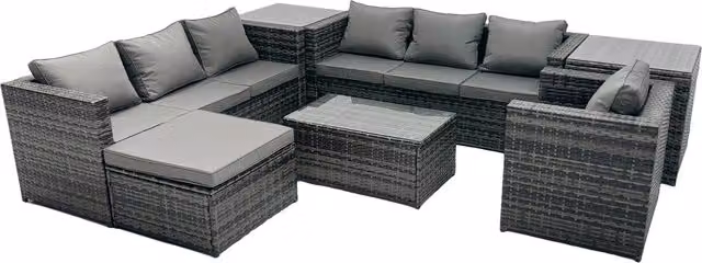 Fimous 8-Seater PE Rattan Garden Sofa Set in Dark Grey Mixed with Coffee Table and Ottoman