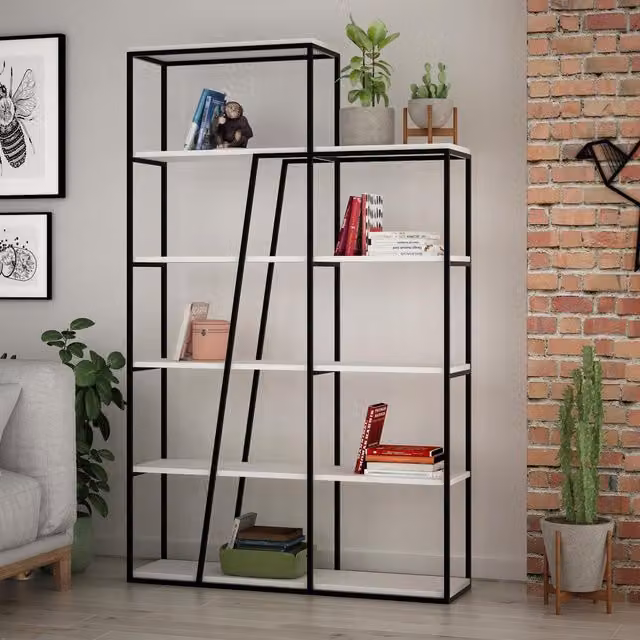 FWStyle Industrial Style Metal Bookshelf in Black and Matt White