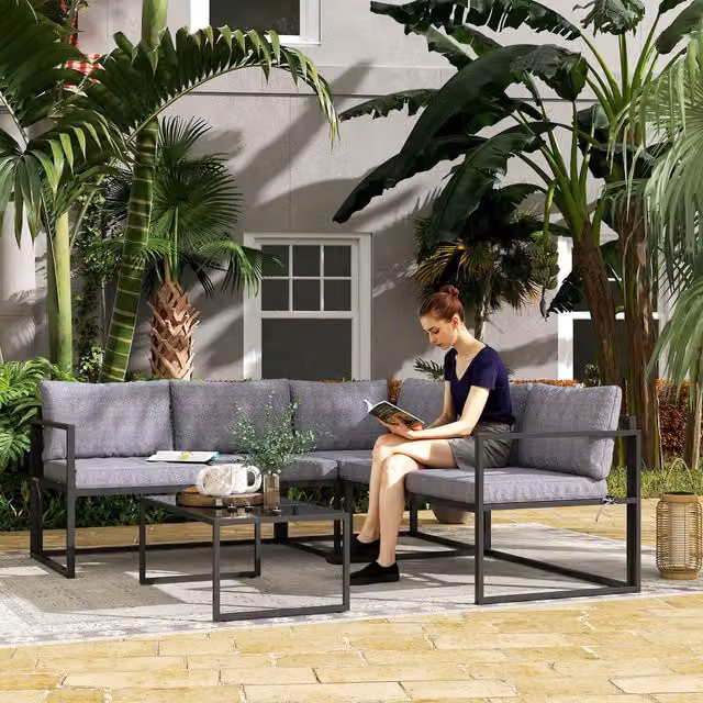 Outsunny 3 Piece L Shaped Modern Garden Furniture Set in Grey and Black