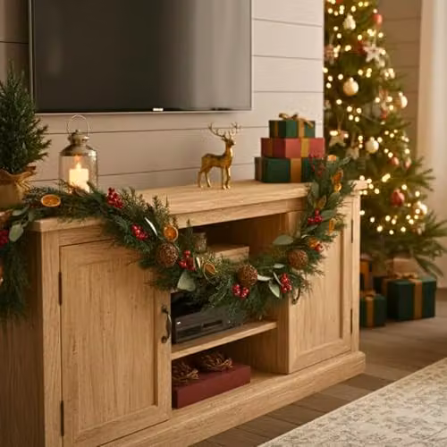 Shatchi 1.8m Rustic Christmas Garland with Eucalyptus Foliage, Orange and Berry Decorations in Red, Orange and Green – 7