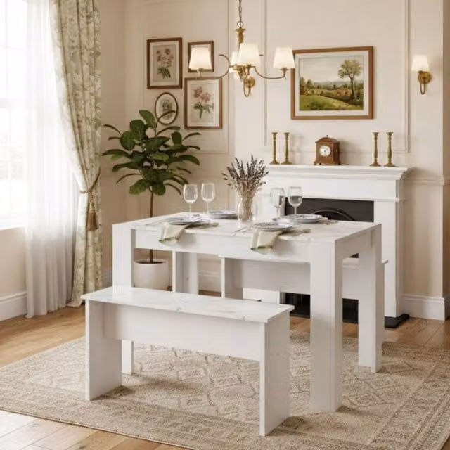 Merax 3 Piece Marble Effect Kitchen Dining Set with Rectangular Table and 2 Benches in White