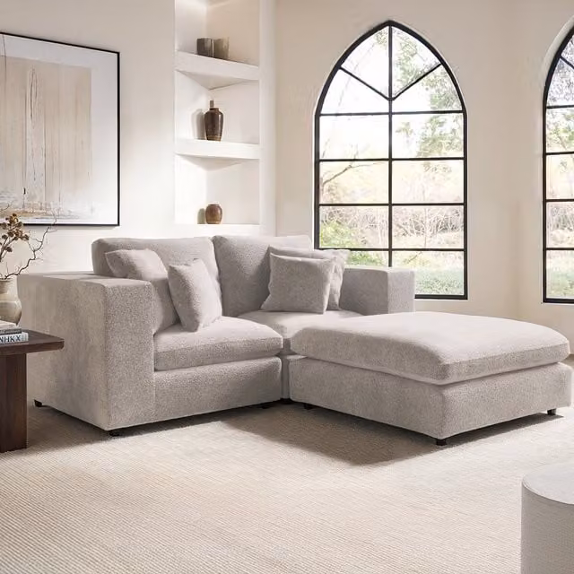 SolaceCo Asher 3 Seater Beige Boucle Sofa with Matching Ottoman and Scatter Cushions