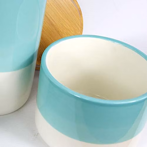 Leaf Set of Three Green and Turquoise Ceramic Kitchen Storage Jars with Bamboo Lids – 2