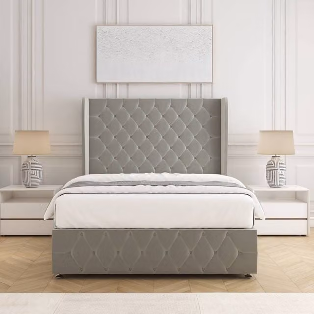 BSSPOKE Faye Plush Velvet Divan Bed Set with Headboard and Mattress in Silver, Double, W/D/H: 140 x 200 cm