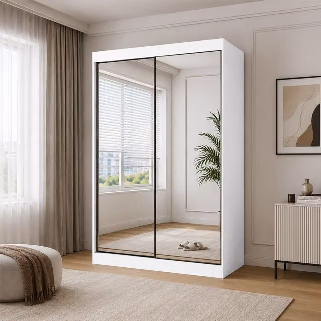 KDMD Oracle 150cm White Modern Sliding Door Wardrobe with Full Mirrors