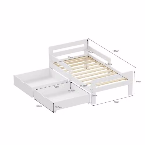 WestWood Solid Wood Montessori Toddler Bed Frame with Storage Drawer and Safety Rail, White, 90 x 190 cm – 2